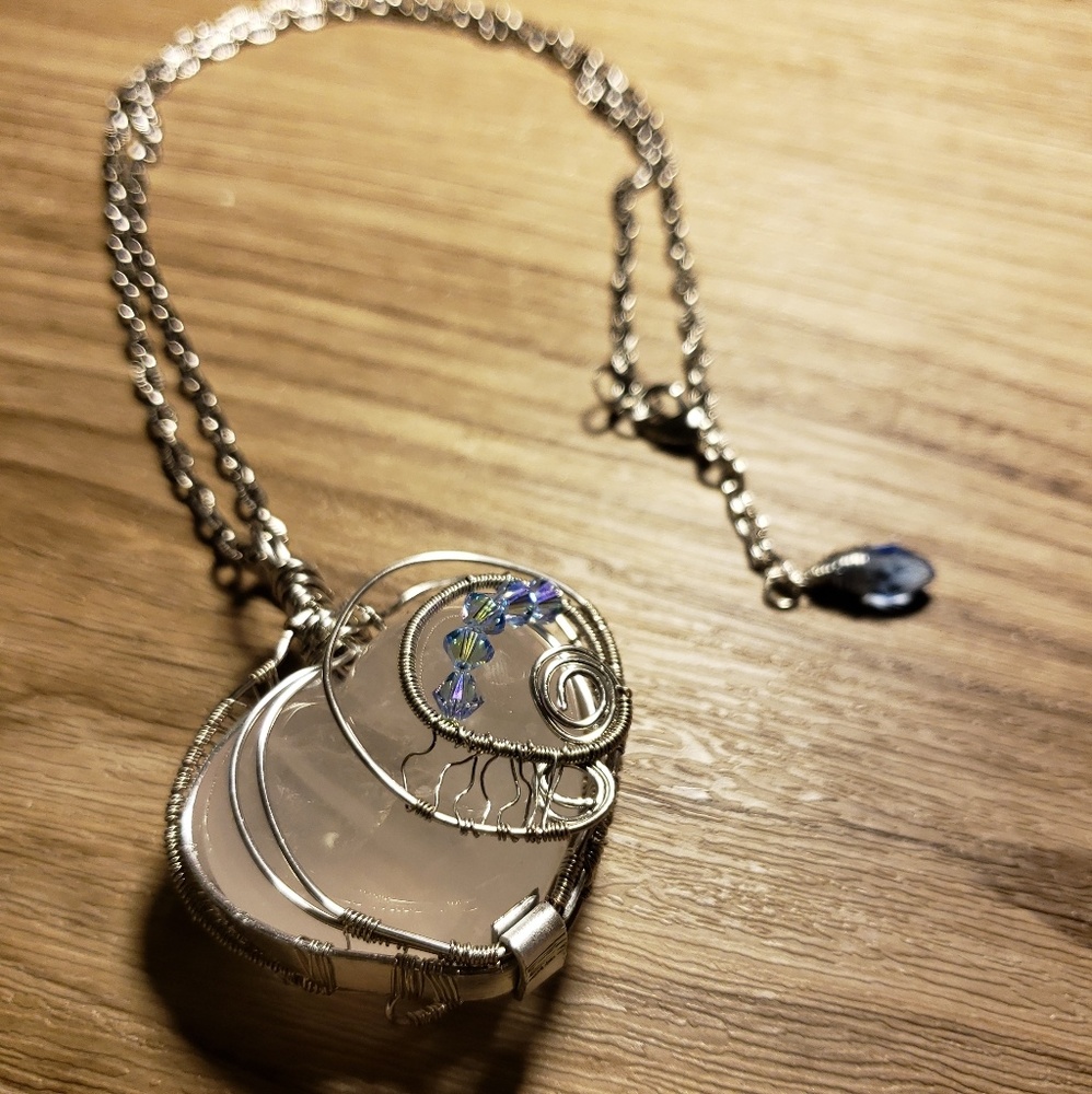 Rose quartz silver wrapped heart